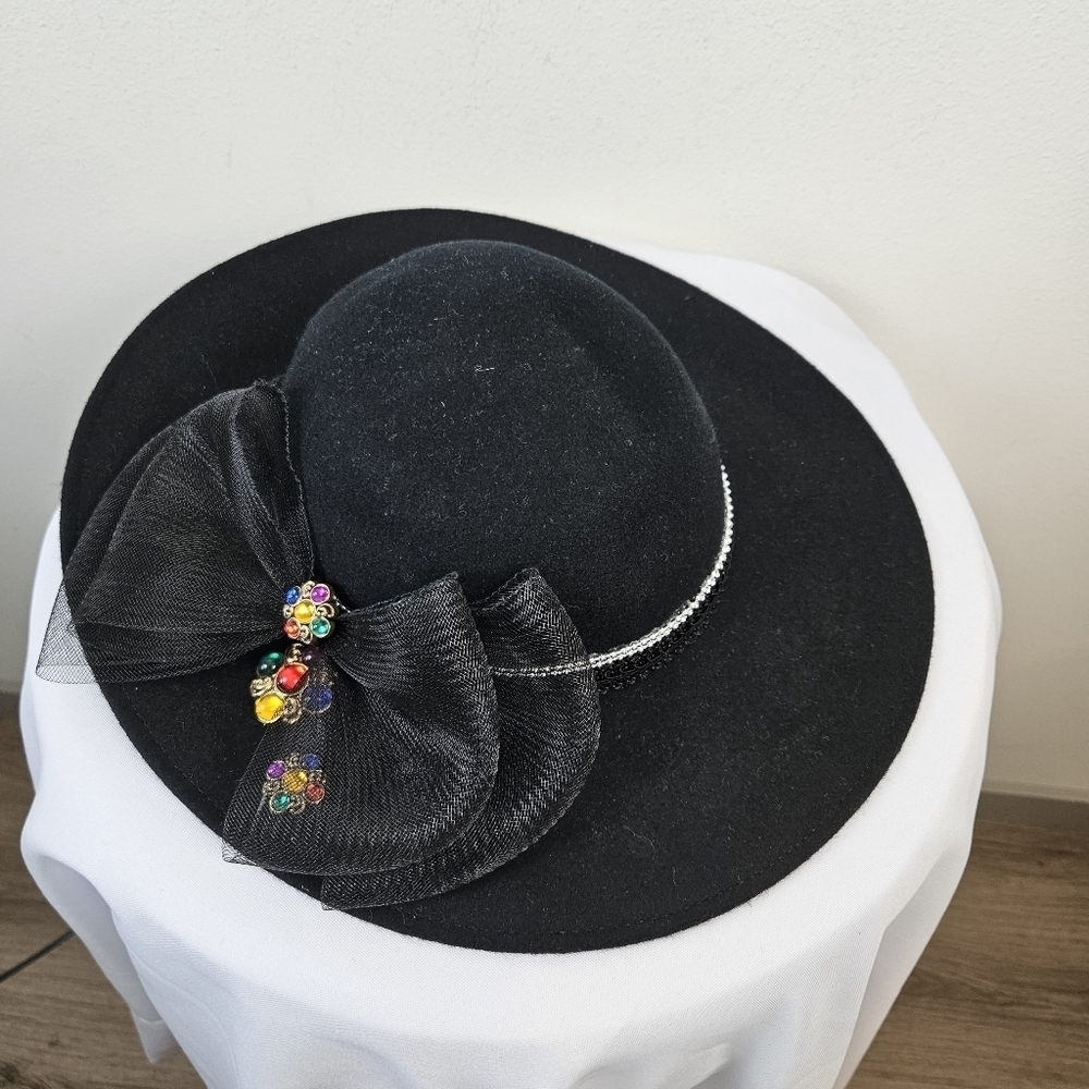 Vintage Black Felt Wool Wide Brim Hat Bow Jewels Silver Pearls details